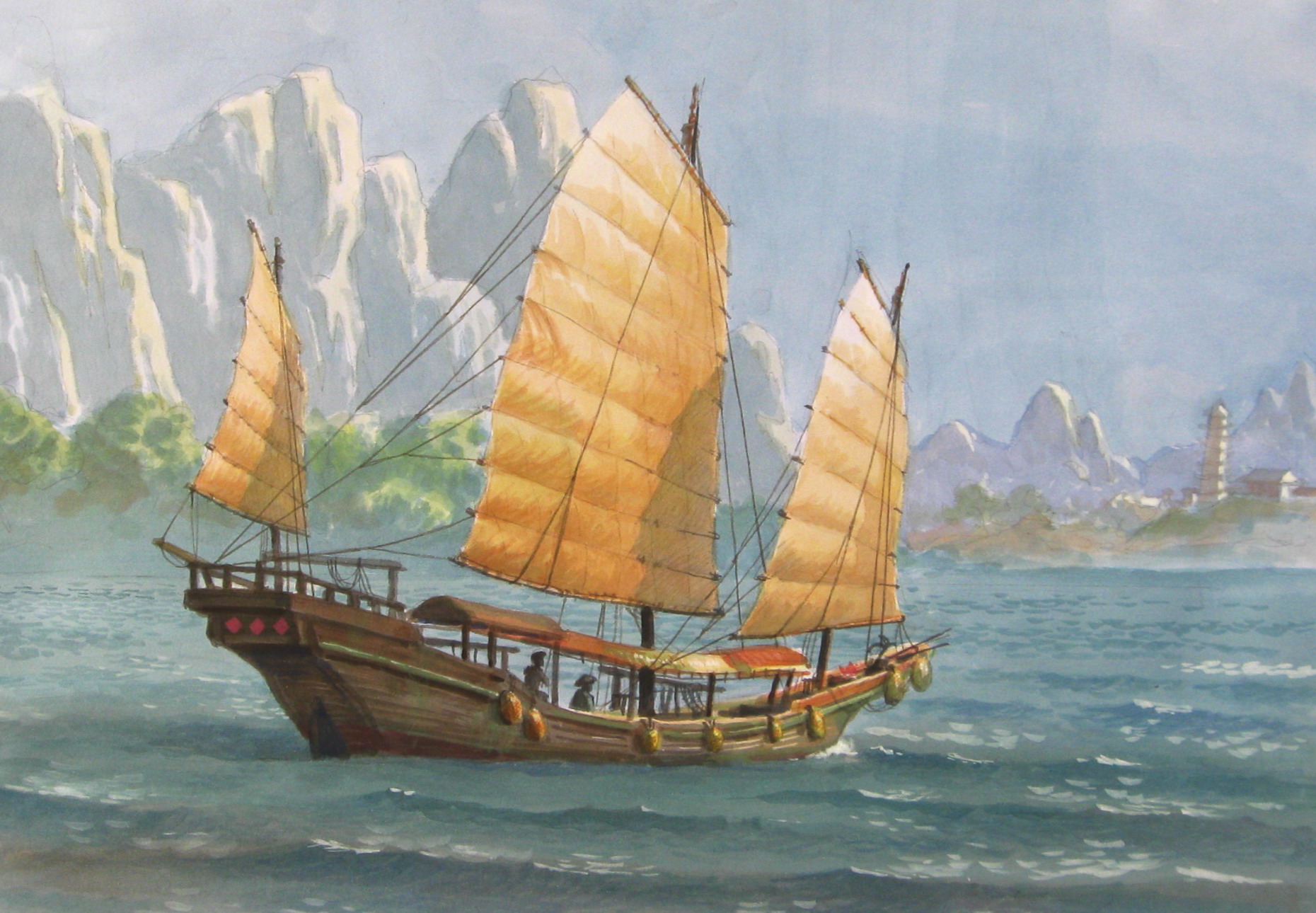 Chinese Junk Ship Painting Old \x3cb\x3eships paintings\x3c/b\x3e by 